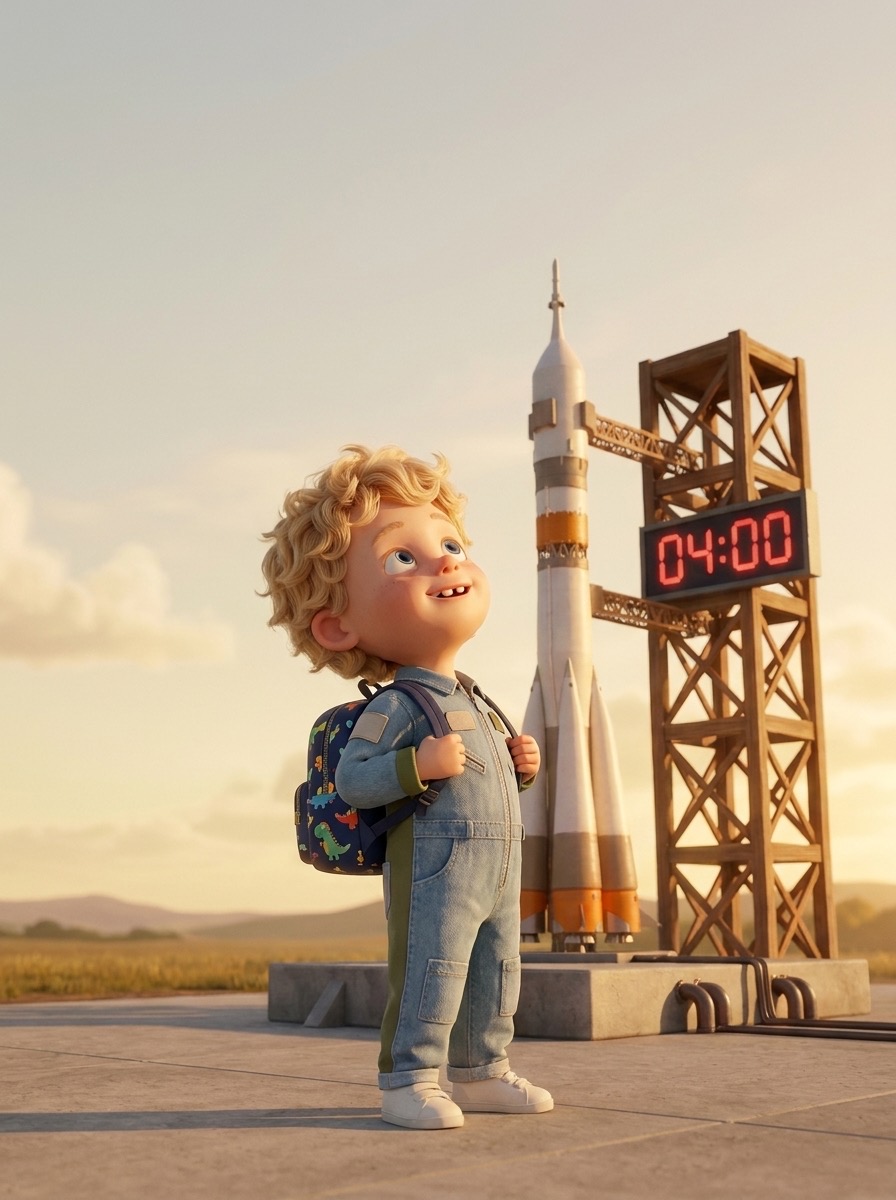 Key art for START: a boy at the foot of a rocket, looking up at it.