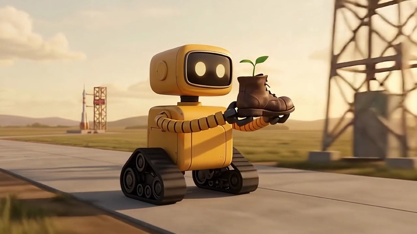 VOLLI, a small yellow robot, hurries across the launch pad carrying a boot.