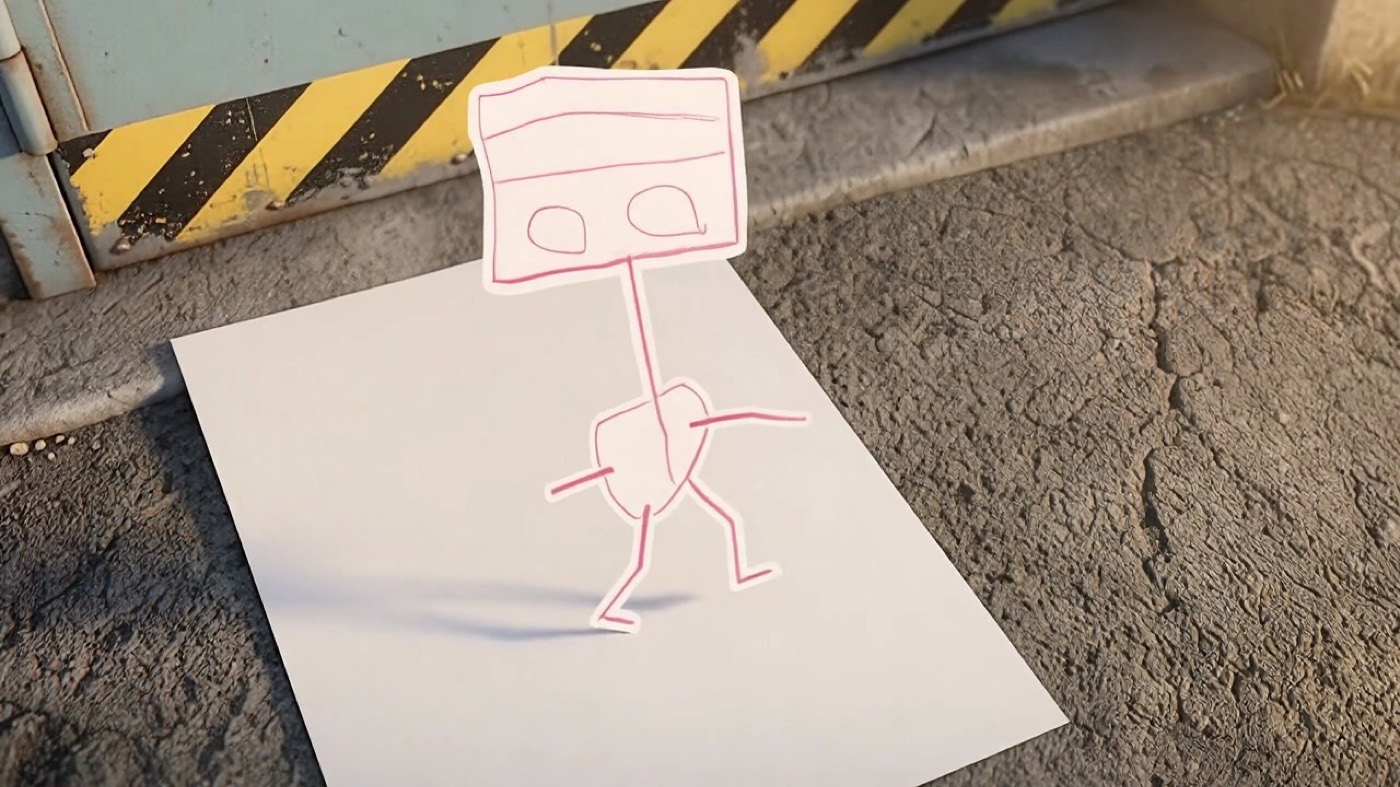 The crayon drawing of a flat paper robot.